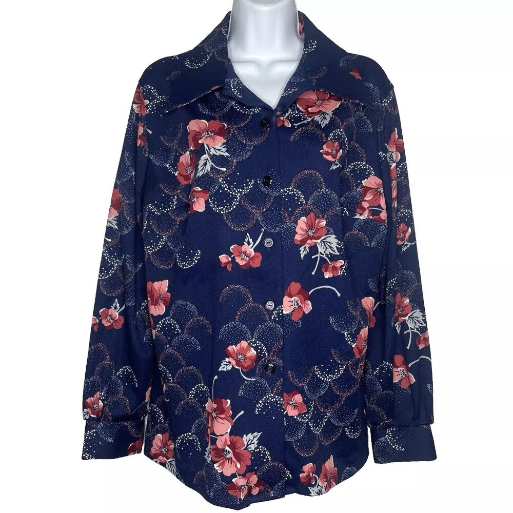 Vintage 70s Lori Lynn Disco Blouse Size L Blue Pink Floral Polyester